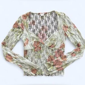 Kimchi Blue Womens Green Floral Lace Grunge Top Festival Fairy Feminine Small